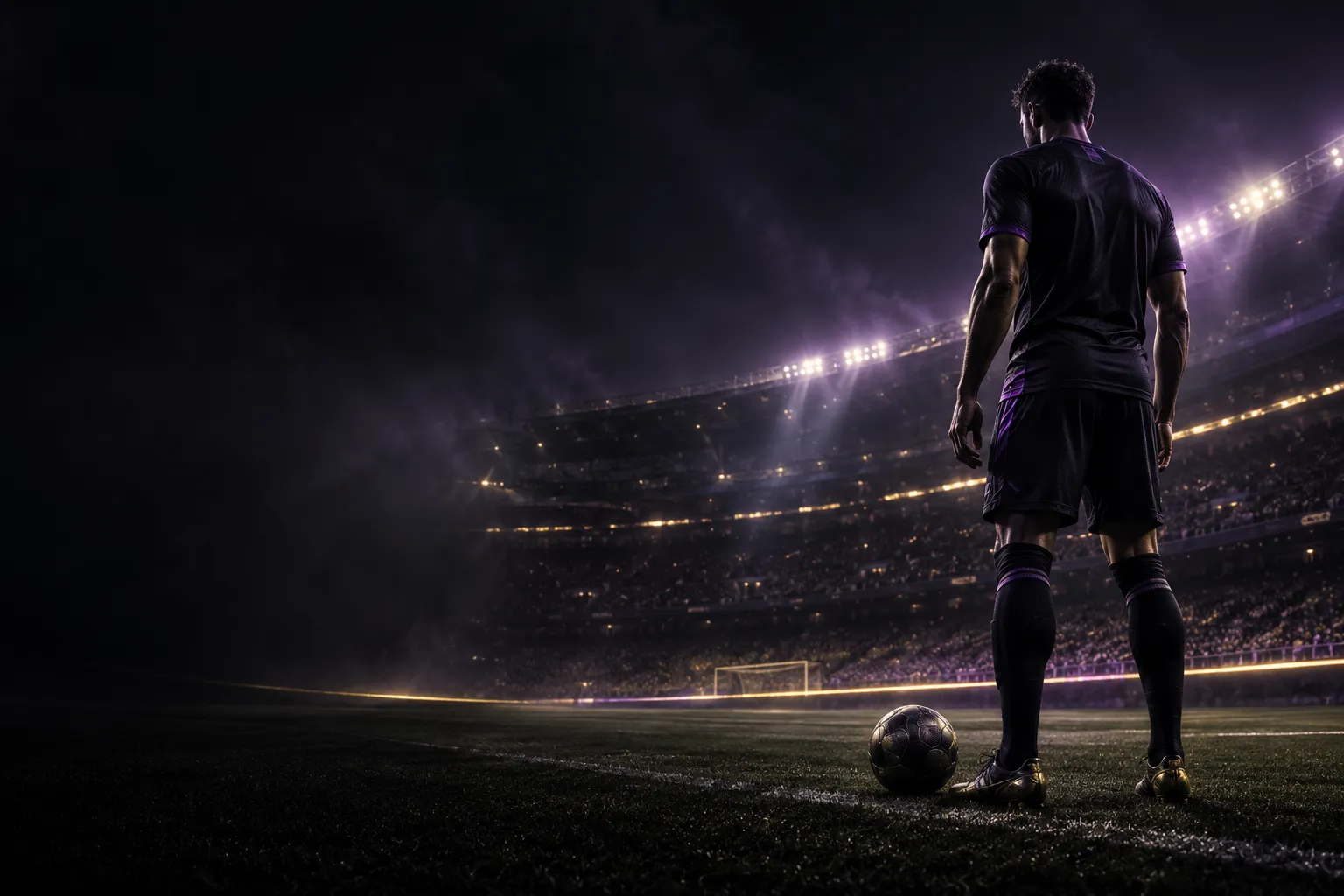 Generated editorial image of a football player on a floodlit stadium pitch at night